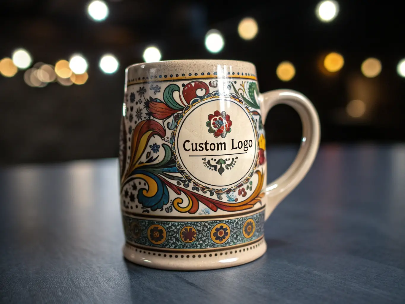 A close-up image of a custom-designed ceramic mug featuring a personalized Canadian flag design, highlighting the intricate details and vibrant colors.
